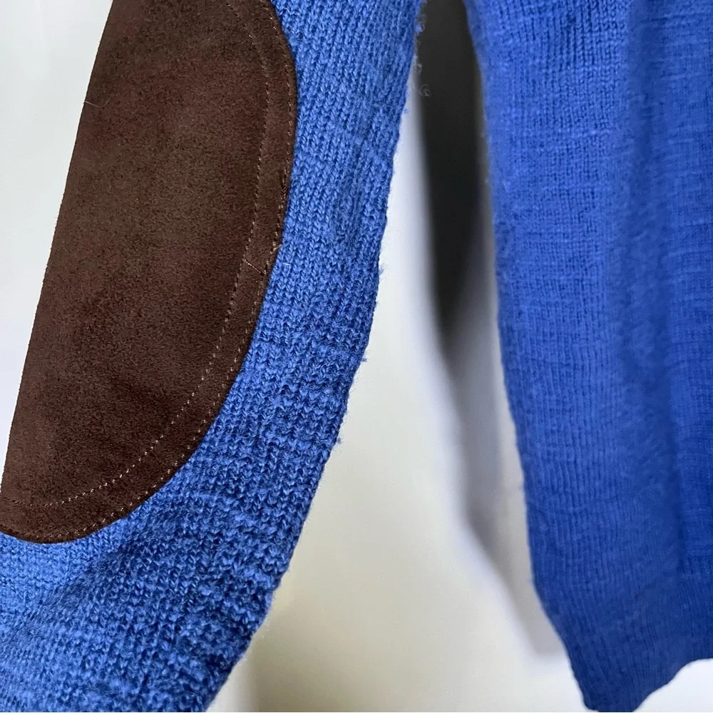 J.Crew Merino Sweater Men's M Blue Brown Leather Elbow Trim Round‎ Neck Pullover